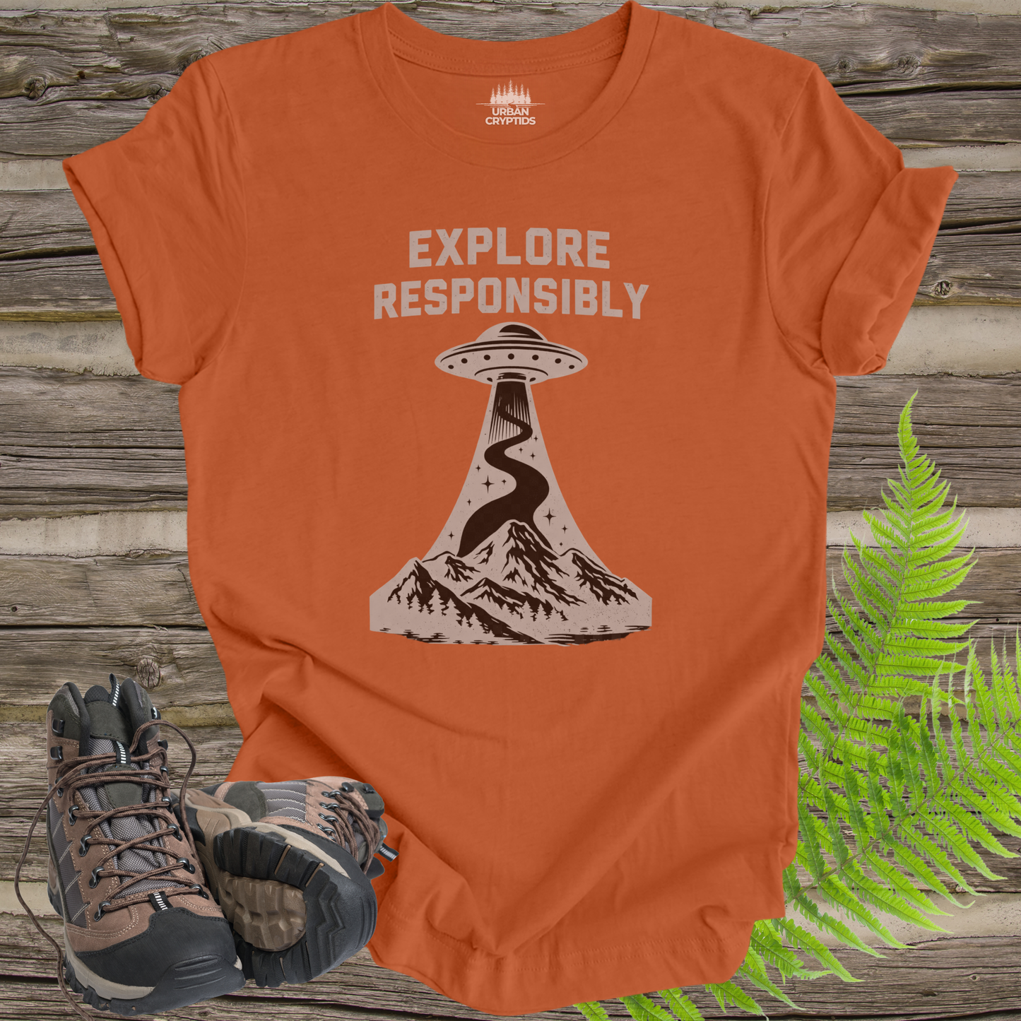 Explore Responsibly UFO T-Shirt | Mountain Abduction Graphic Tee | Retro Space Explorer Shirt