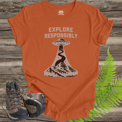 Explore Responsibly UFO T-Shirt | Mountain Abduction Graphic Tee | Retro Space Explorer Shirt