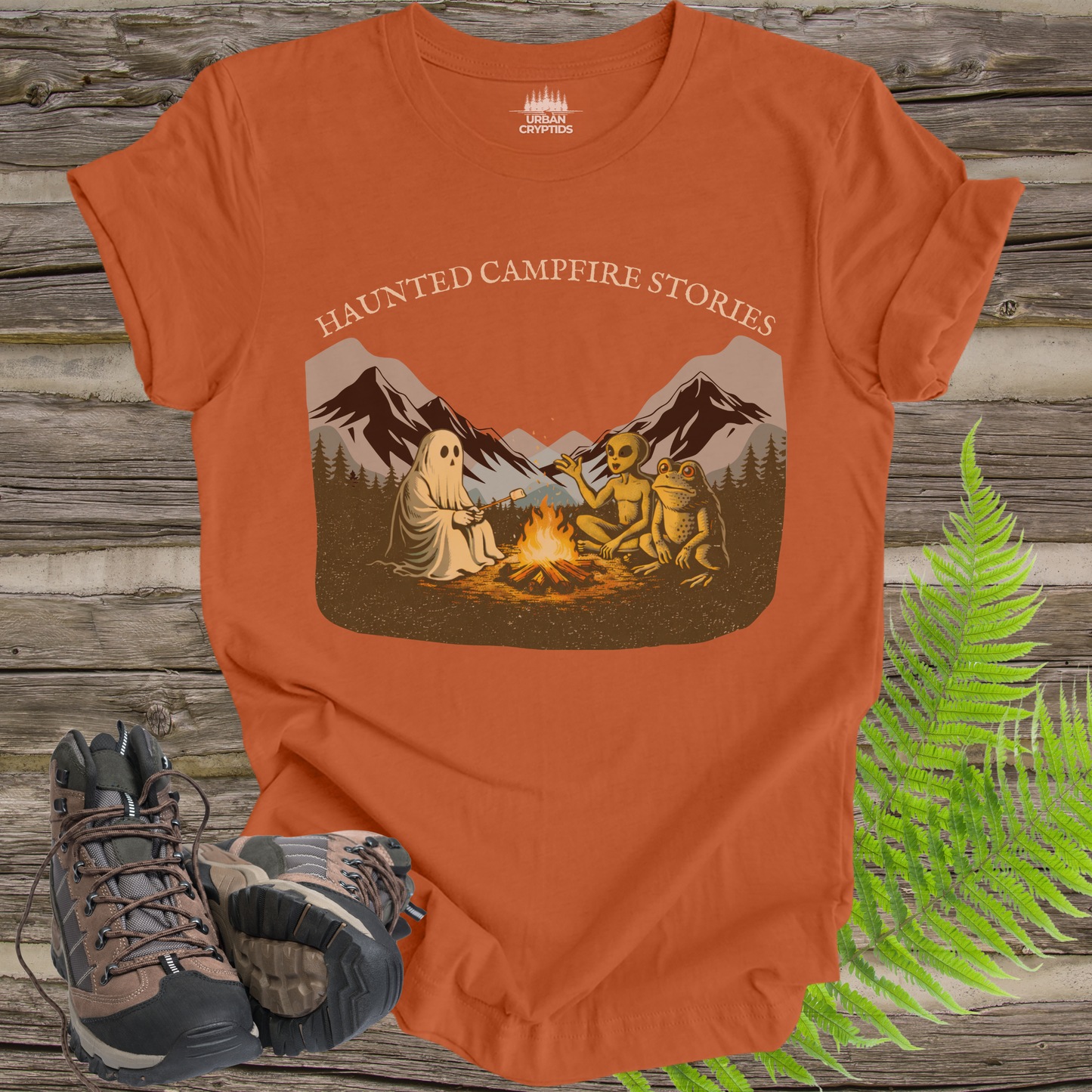 Haunted Campfire Stories T-Shirt – Ghost, Alien & Skeleton Bonfire Scene Tee