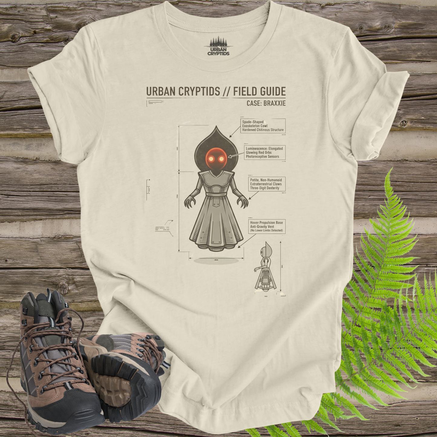 Urban Cryptids Field Guide: Braxxie | Flatwoods Monster Technical Diagram T-Shirt