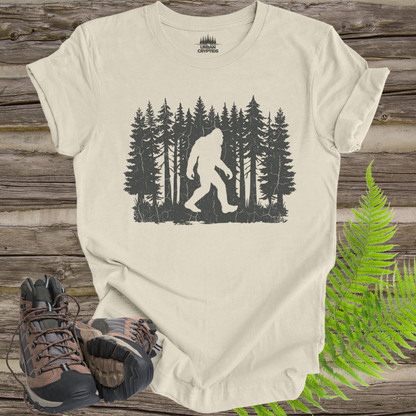 Bigfoot Forest Silhouette Shirt – Sasquatch Hiking Tee, Outdoors Cryptid Shirt, Minimalist Bigfoot T-Shirt