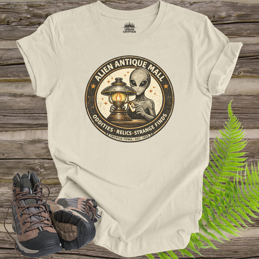 Alien Antique Mall Shirt | Cryptid Town Tee | Oddities Relics Strange Finds UFO Lamp Vintage Store Logo