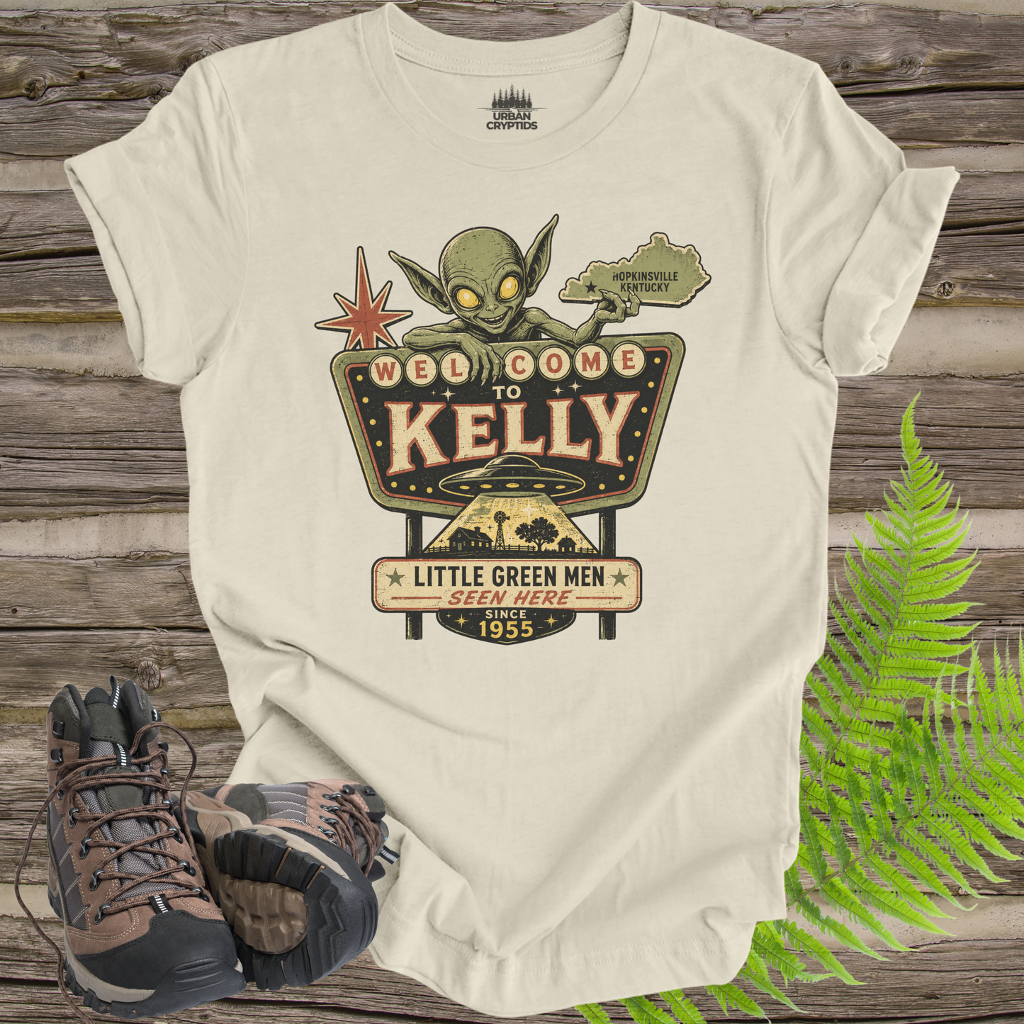 Welcome to Kelly | Little Green Men Seen Here Since 1955 Vintage Kentucky T-Shirt