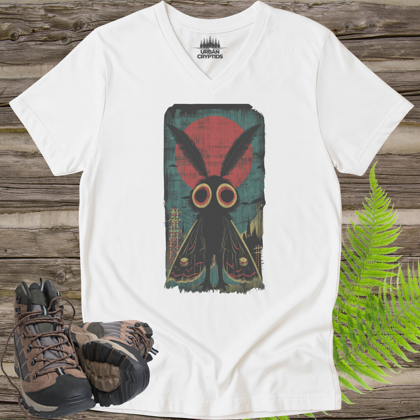Mothman Vintage Poster V-Neck | Cryptid Graphic Tee – Urban Cryptids