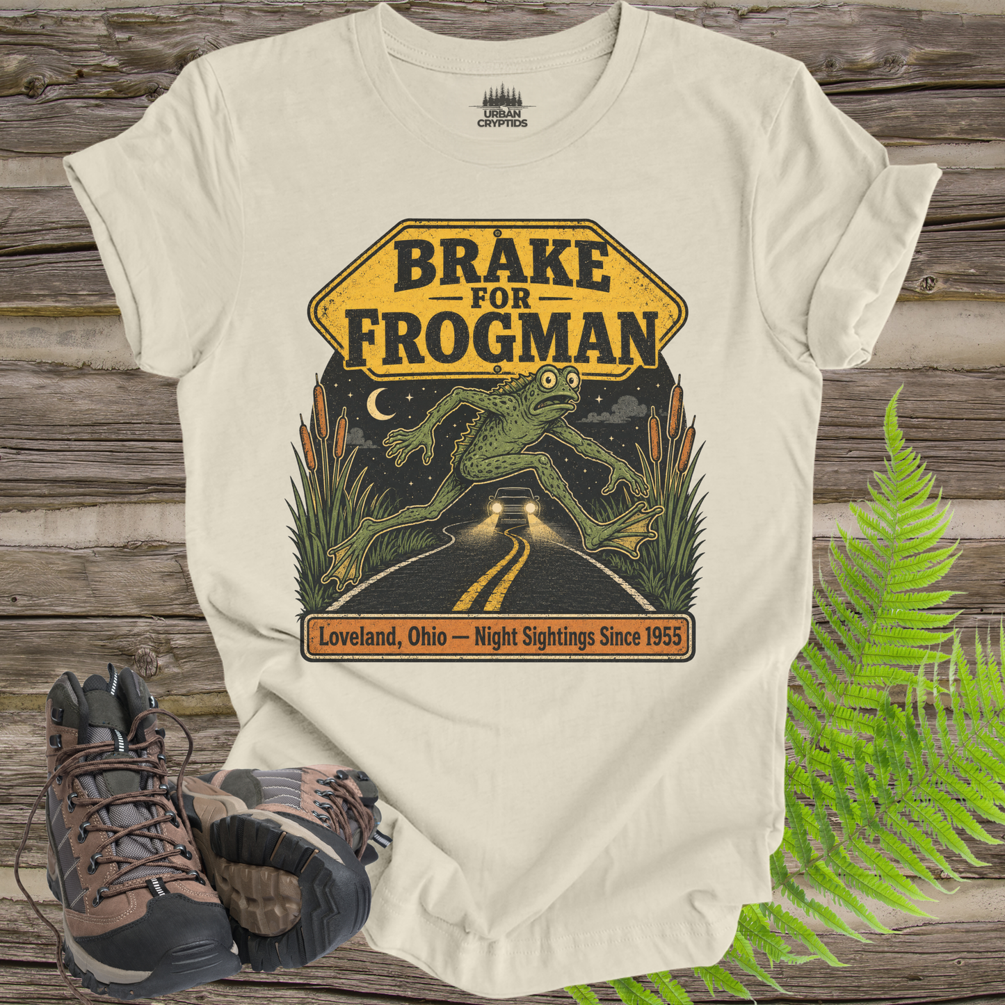 Brake for Frogman T-Shirt – Loveland Ohio Cryptid Roadside Tee