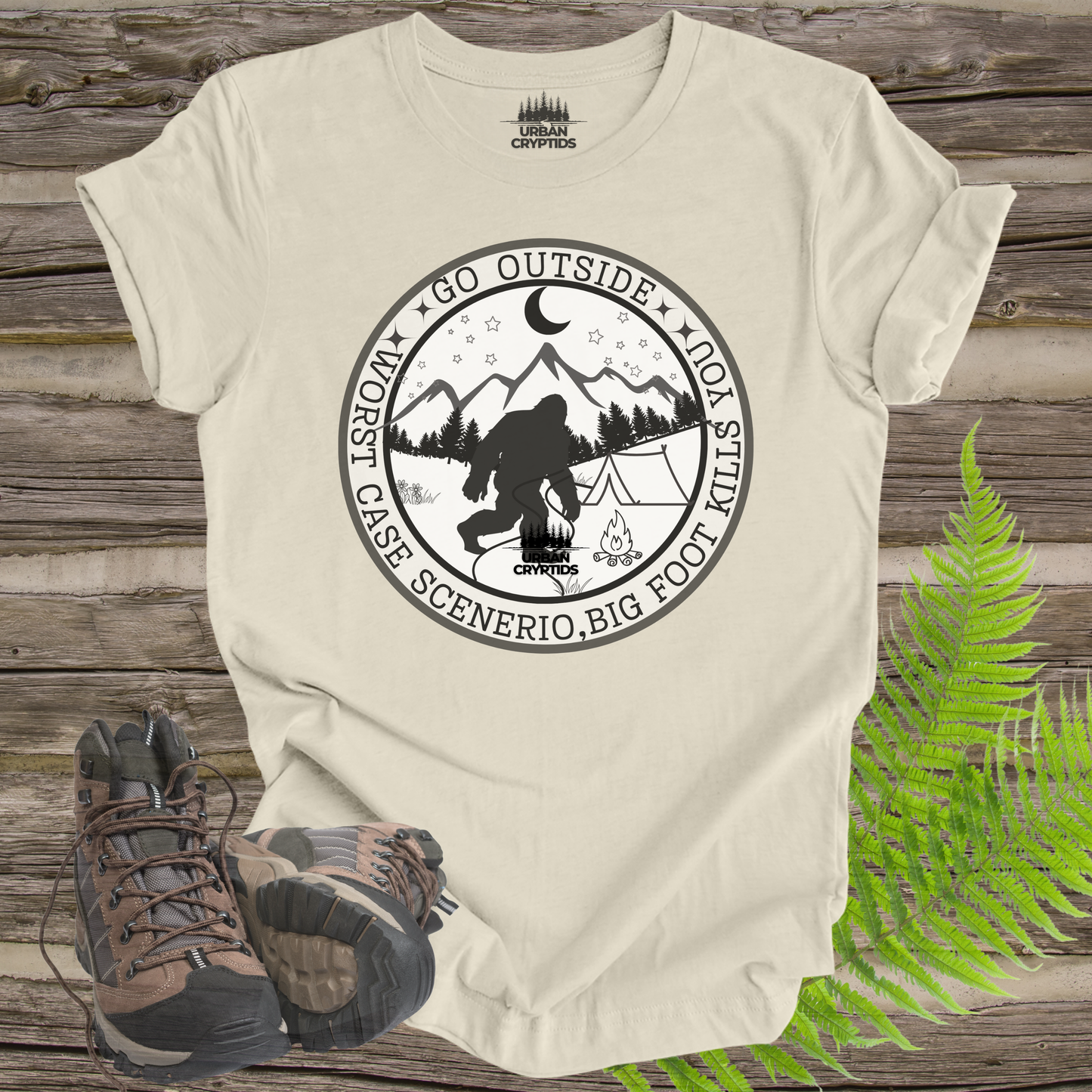 Funny Bigfoot Tee – “Go Outside, Worst Case Scenario Bigfoot Kills You” Shirt