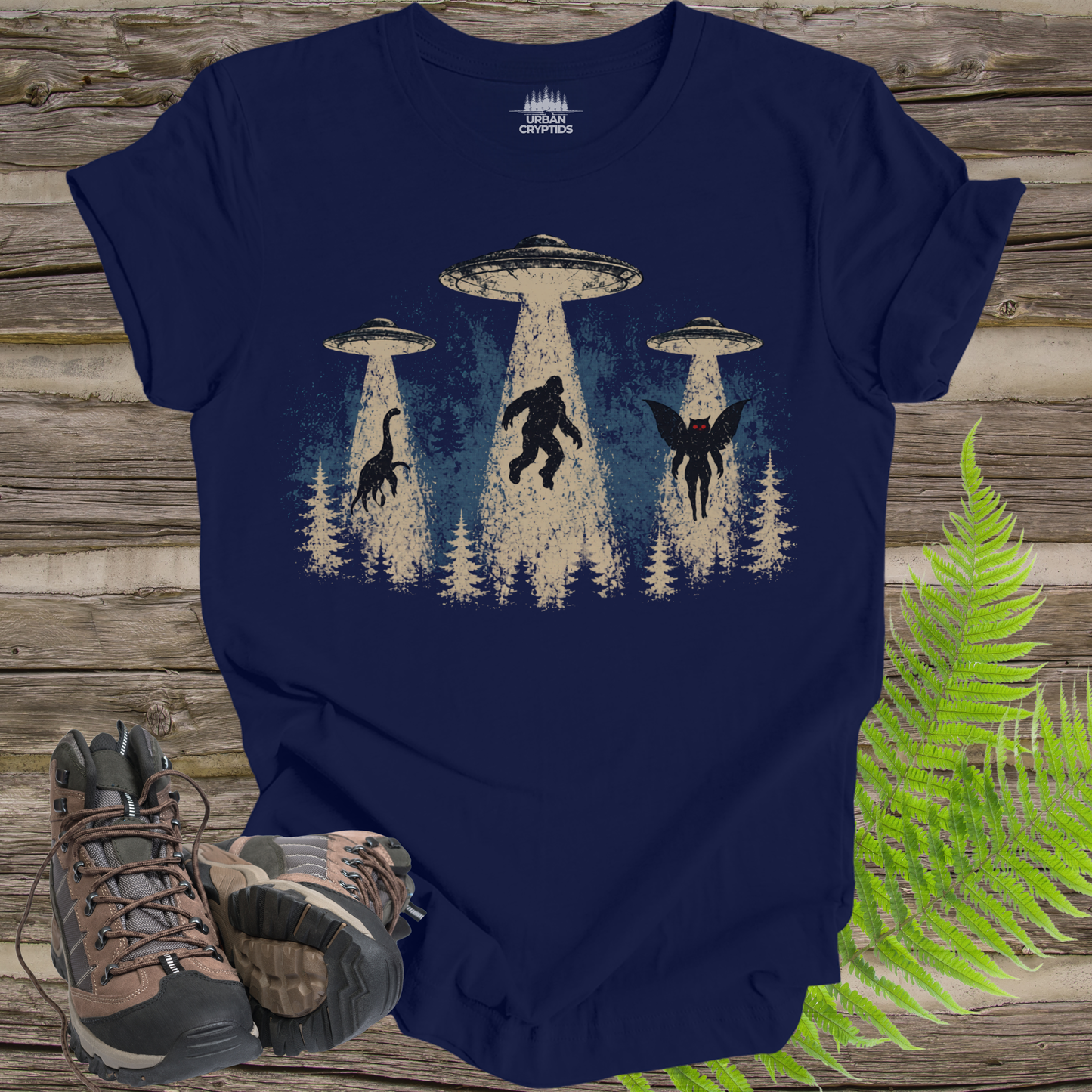 Cryptid Abduction T-Shirt – Bigfoot, Mothman & Nessie UFO Design