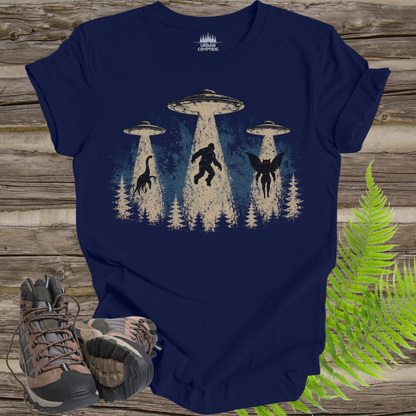Cryptid Abduction T-Shirt – Bigfoot, Mothman & Nessie UFO Design