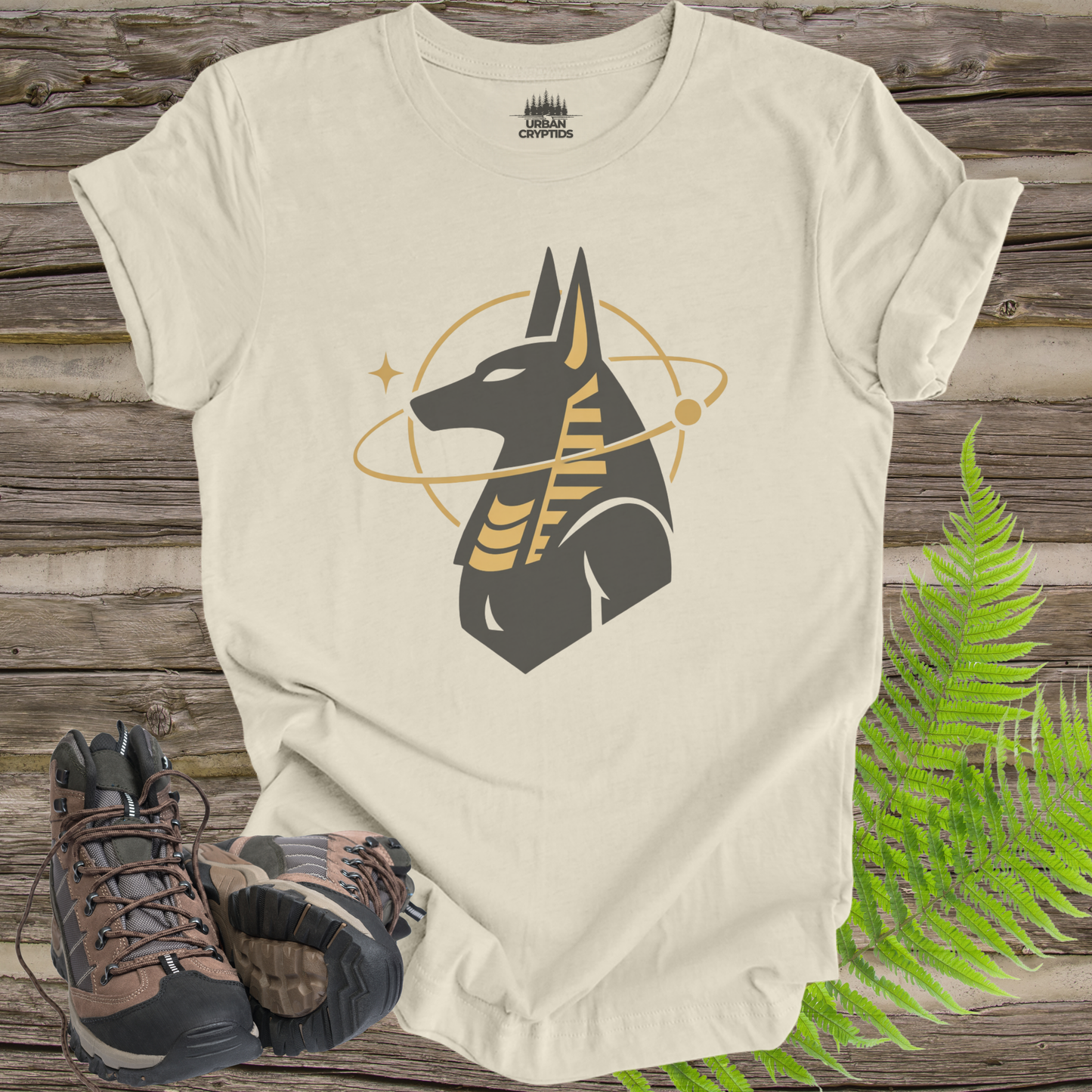 Anubis Cosmic Emblem T-Shirt – Egyptian God Minimalist Gold Design