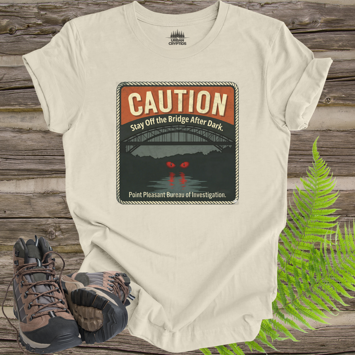 Mothman Caution Sign Shirt – Stay Off the Bridge After Dark, Point Pleasant WV Cryptid Poster Tee