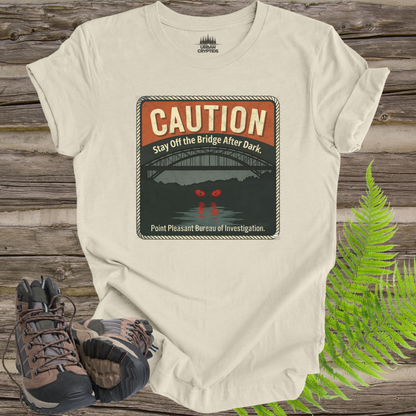 Mothman Caution Sign Shirt – Stay Off the Bridge After Dark, Point Pleasant WV Cryptid Poster Tee