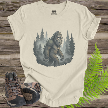 Mysterious Bigfoot Forest Shirt – Vintage Sasquatch Silhouette Tee, Cryptid Aesthetic Shirt, Foggy Woods Graphic Tee