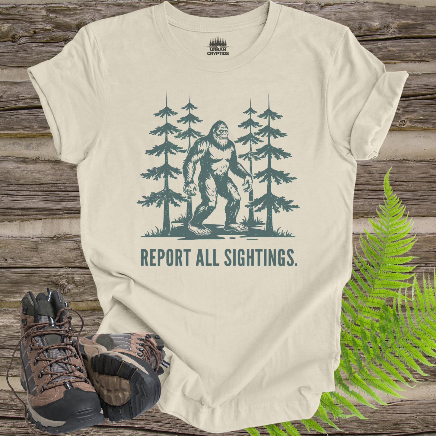 Bigfoot “Report All Sightings” T-Shirt – Vintage Cryptid Forest Design