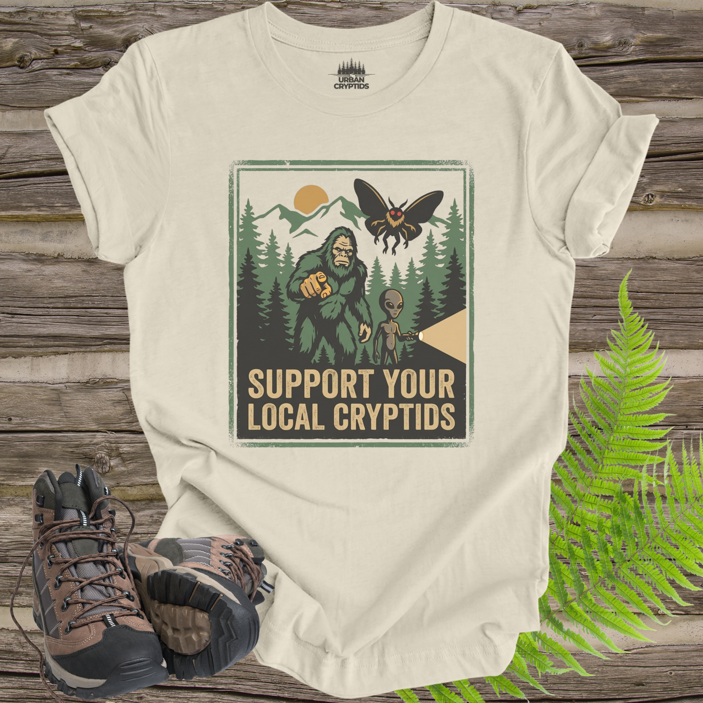 Support Your Local Cryptids Bigfoot Mothman Alien Funny Cryptid T-Shirt