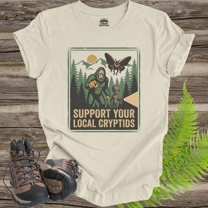 Support Your Local Cryptids Bigfoot Mothman Alien Funny Cryptid T-Shirt