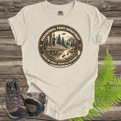 Paranormal Parks Department Shirt | Cryptid Town Tee | Leave No Trace Report All Sightings Vintage Ranger Badge