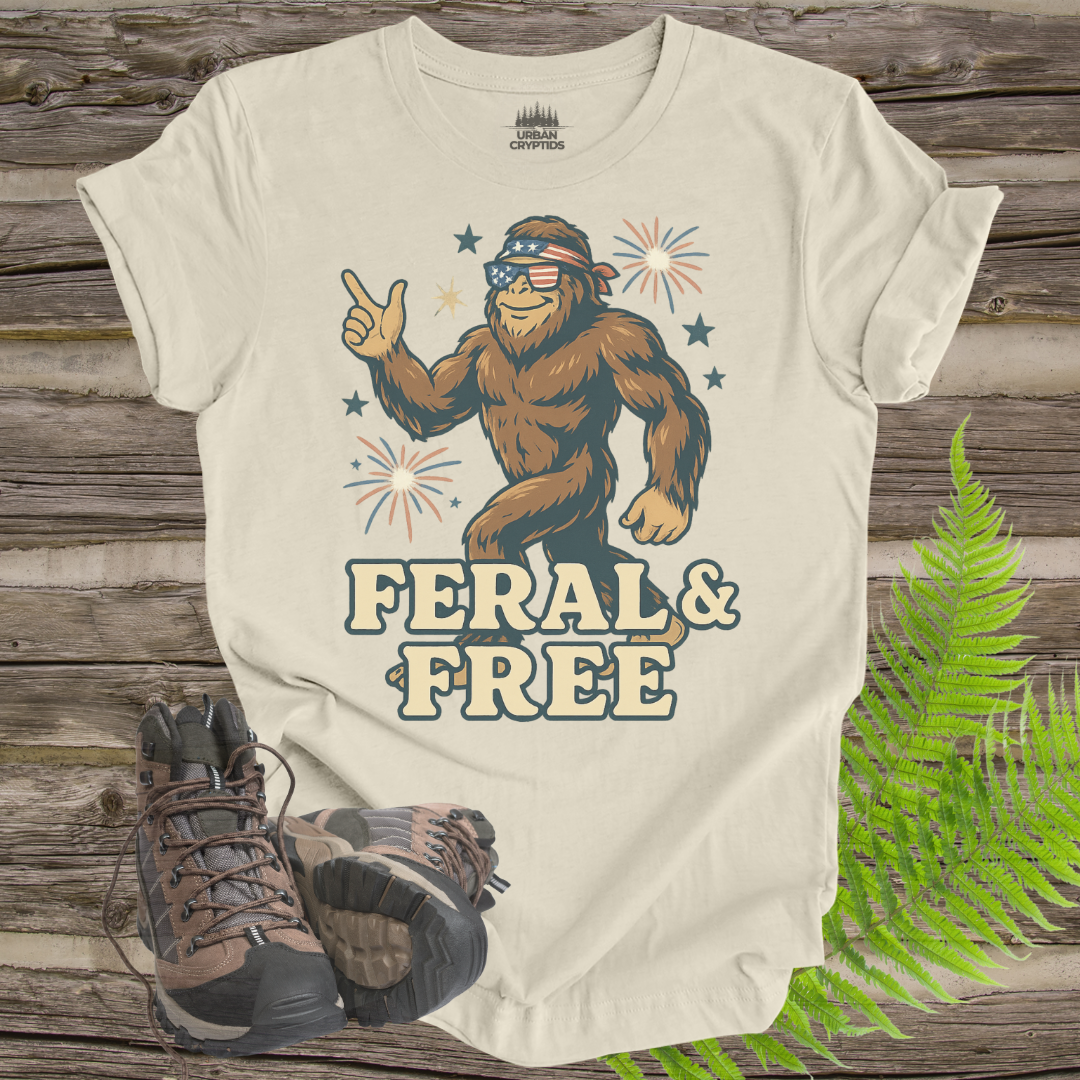 Feral & Free Bigfoot Shirt – Funny Patriotic Cryptid Tee for 4th of July