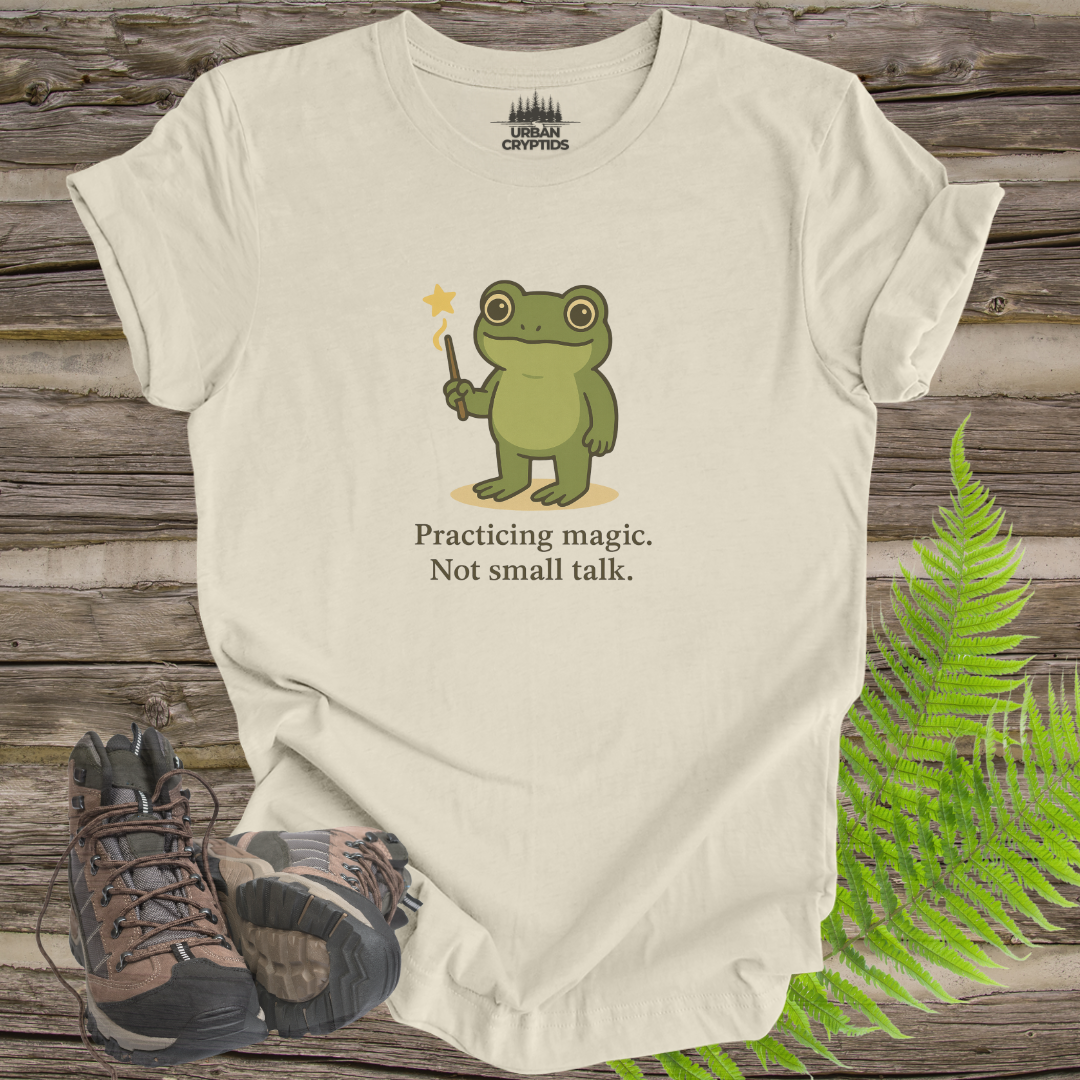 Loveland Frogman “Practicing Magic, Not Small Talk” Tee – Funny Cryptid Shirt for Paranormal Fans