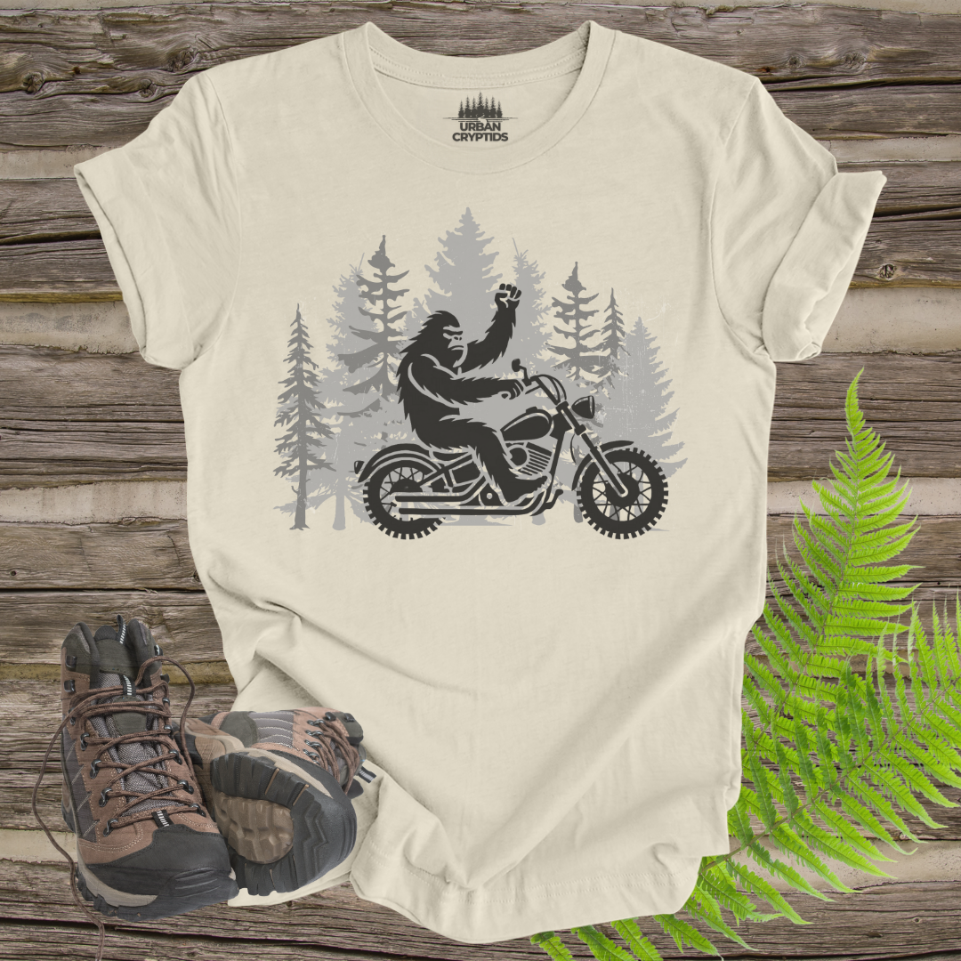 Bigfoot Biker Tee – Sasquatch Riding Motorcycle Forest Shirt
