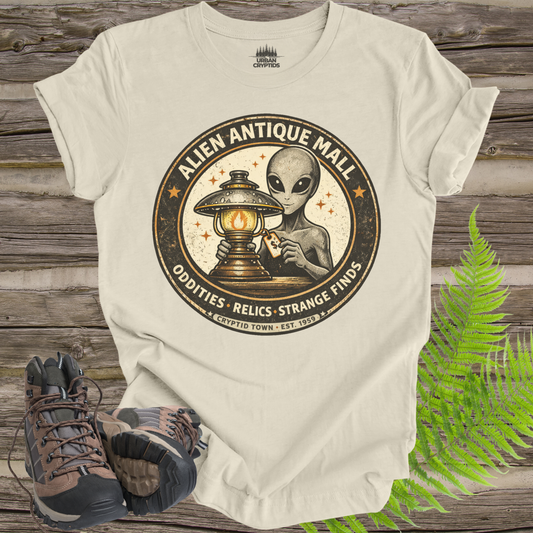 Alien Antique Mall Shirt | Cryptid Town Tee | Oddities Relics Strange Finds UFO Lamp Vintage Store Logo