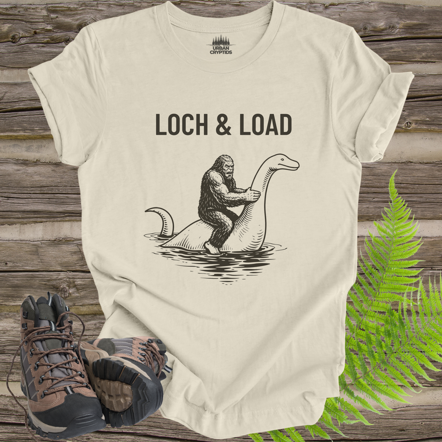 Loch & Load T-Shirt | Funny Cryptid Mashup Tee | Bigfoot Riding Loch Ness Monster Graphic Shirt