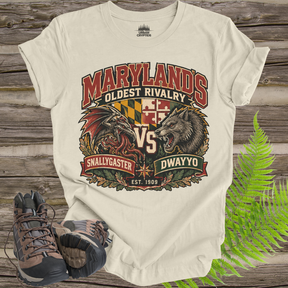 Snallygaster vs. Dwayyo T-Shirt – Maryland Cryptid Rivalry Tee