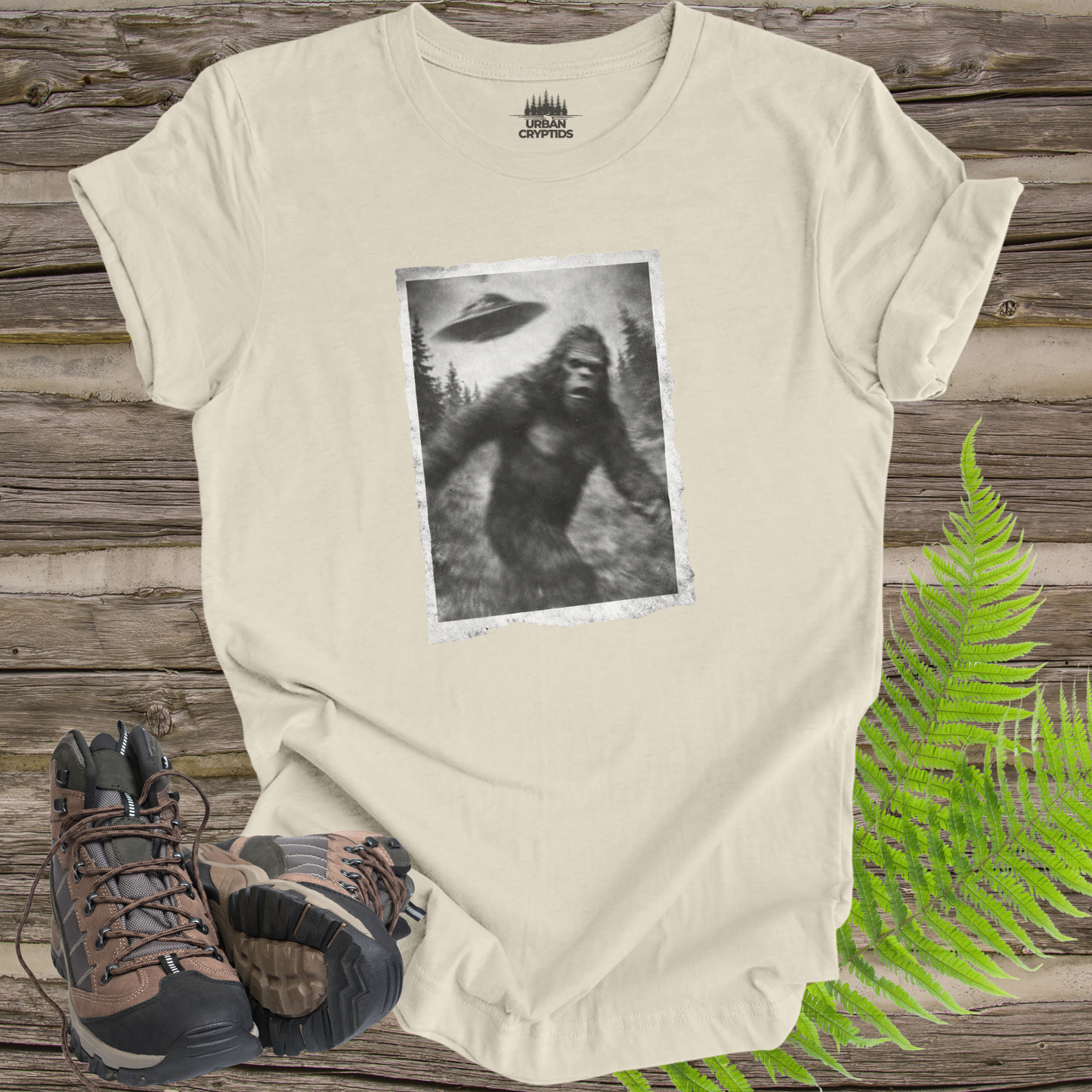 Bigfoot UFO Abduction T-Shirt – Blurry Sasquatch Encounter Tee