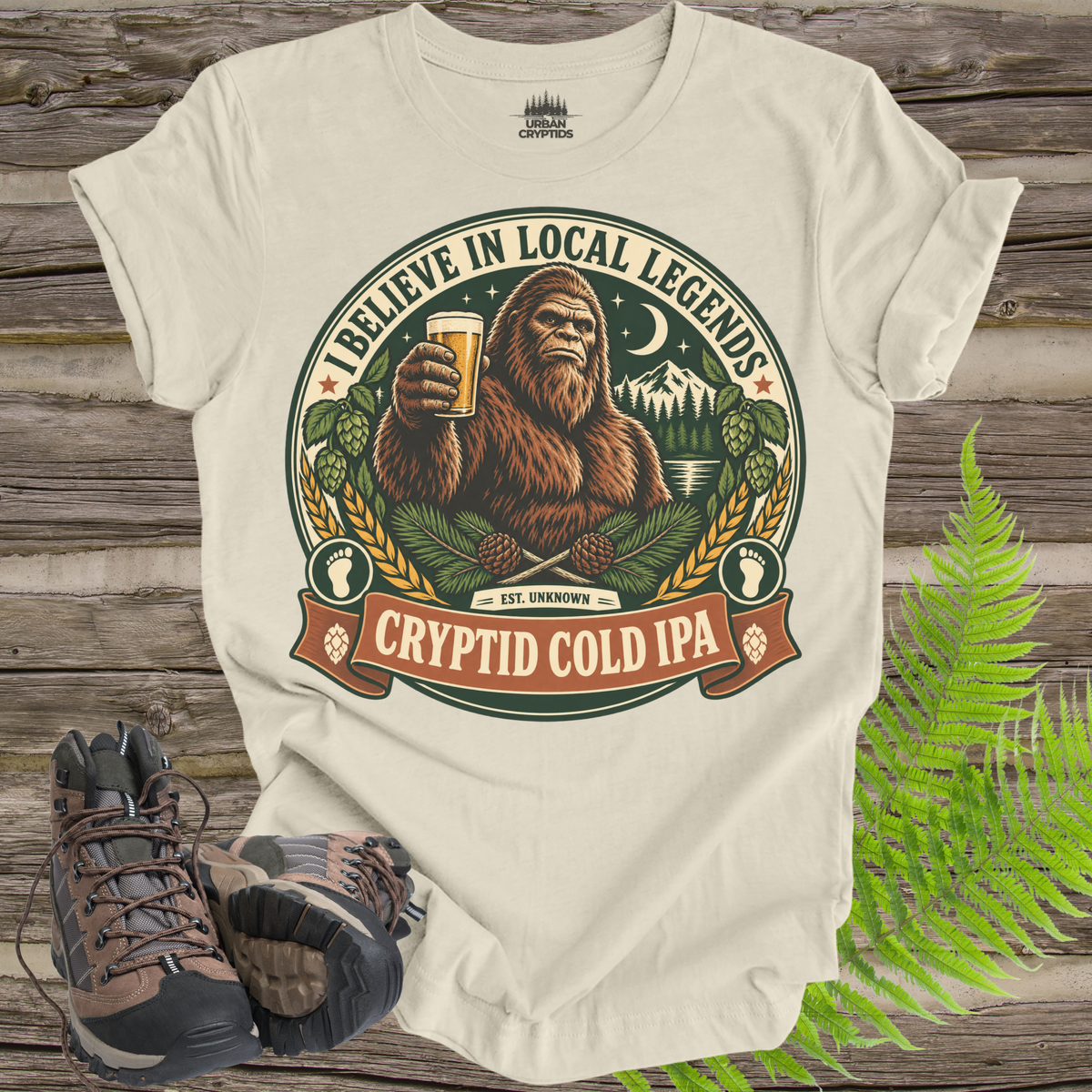 Believe in Local Legends T-Shirt – Bigfoot Cryptid Cold IPA Graphic Tee