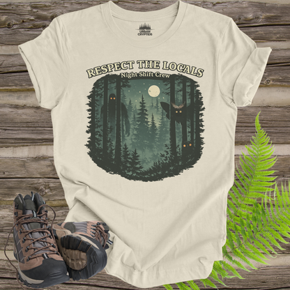 Respect the Locals Night Shift Crew T-Shirt | Spooky Forest Cryptid Graphic Tee | Funny Paranormal Outdoors Shirt