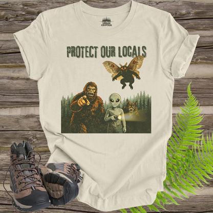 Protect Our Locals T-Shirt | Cryptid Conservation Graphic Tee | Bigfoot Mothman Alien Forest Shirt