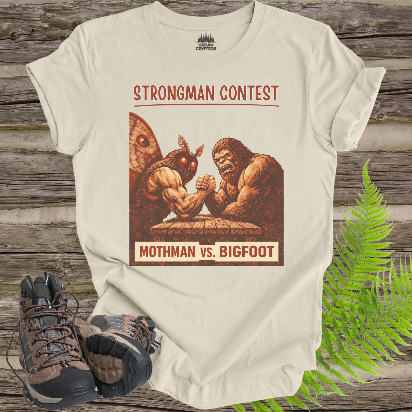 Mothman vs Bigfoot T-Shirt – Cryptid Strongman Arm Wrestling Contest Tee