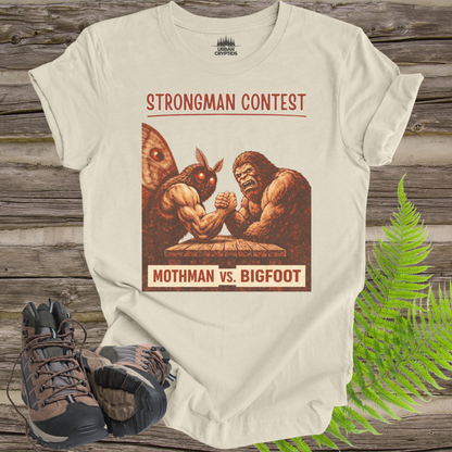 Mothman vs Bigfoot T-Shirt – Cryptid Strongman Arm Wrestling Contest Tee