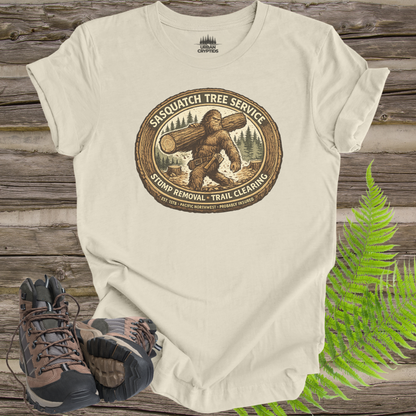 Sasquatch Tree Service Shirt | Cryptid Town Tee | Bigfoot Lumberjack Vintage Badge Stump Removal Trail Clearing