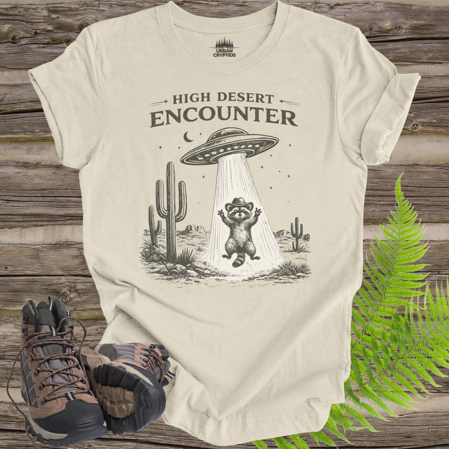 High Desert Encounter T-Shirt – Vintage UFO Raccoon Abduction Tee