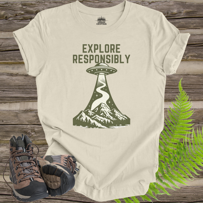Explore Responsibly UFO T-Shirt | Mountain Abduction Graphic Tee | Retro Space Explorer Shirt