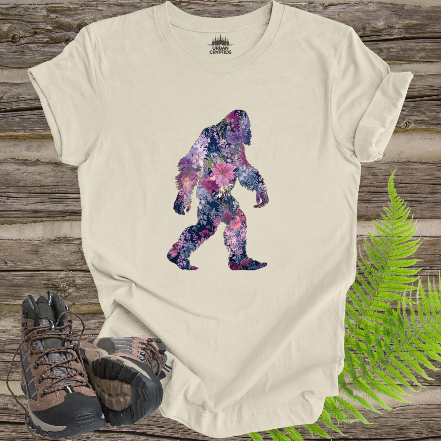Floral Bigfoot T-Shirt | Wildflower Sasquatch Silhouette Graphic Tee | Nature Lover Cryptid Shirt