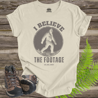 Bigfoot “I Believe the Footage” T-Shirt – Vintage Sasquatch Graphic Tee, Cryptid Shirt, Funny Bigfoot Shirt, Gift for Cryptid Lovers