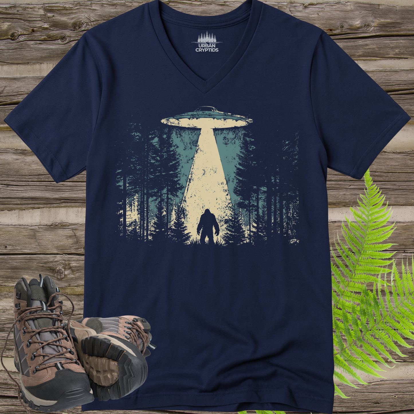Bigfoot Abduction V-Neck T-Shirt | UFO Encounter in the Pines