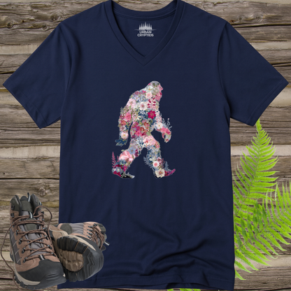 Floral Bigfoot V-Neck | Wildflower Sasquatch Silhouette Graphic Tee | Nature Lover Cryptid Shirt