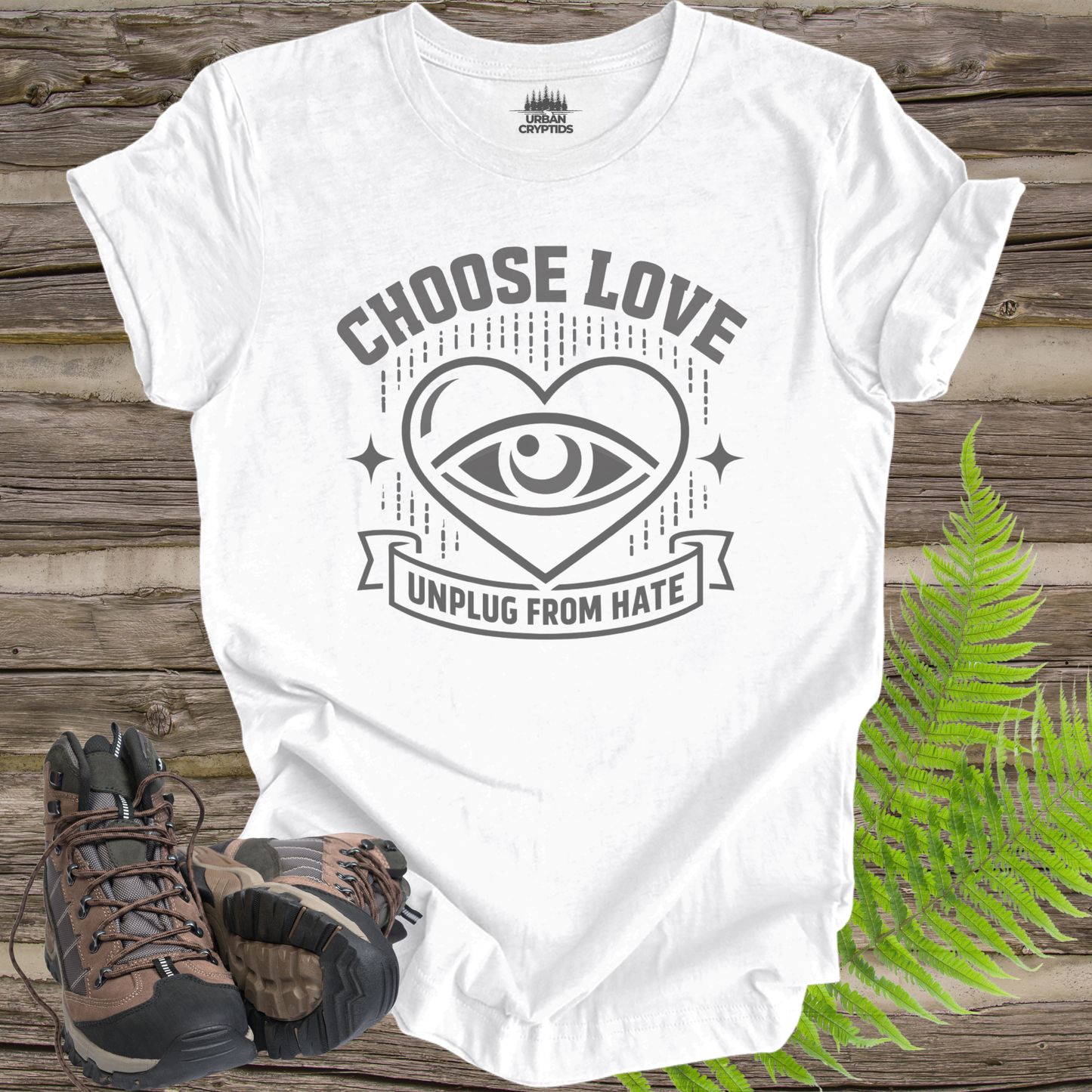 Choose Love “Unplug From Hate” T-Shirt | Heart Eye Awareness Graphic Tee | Mindful Statement Shirt