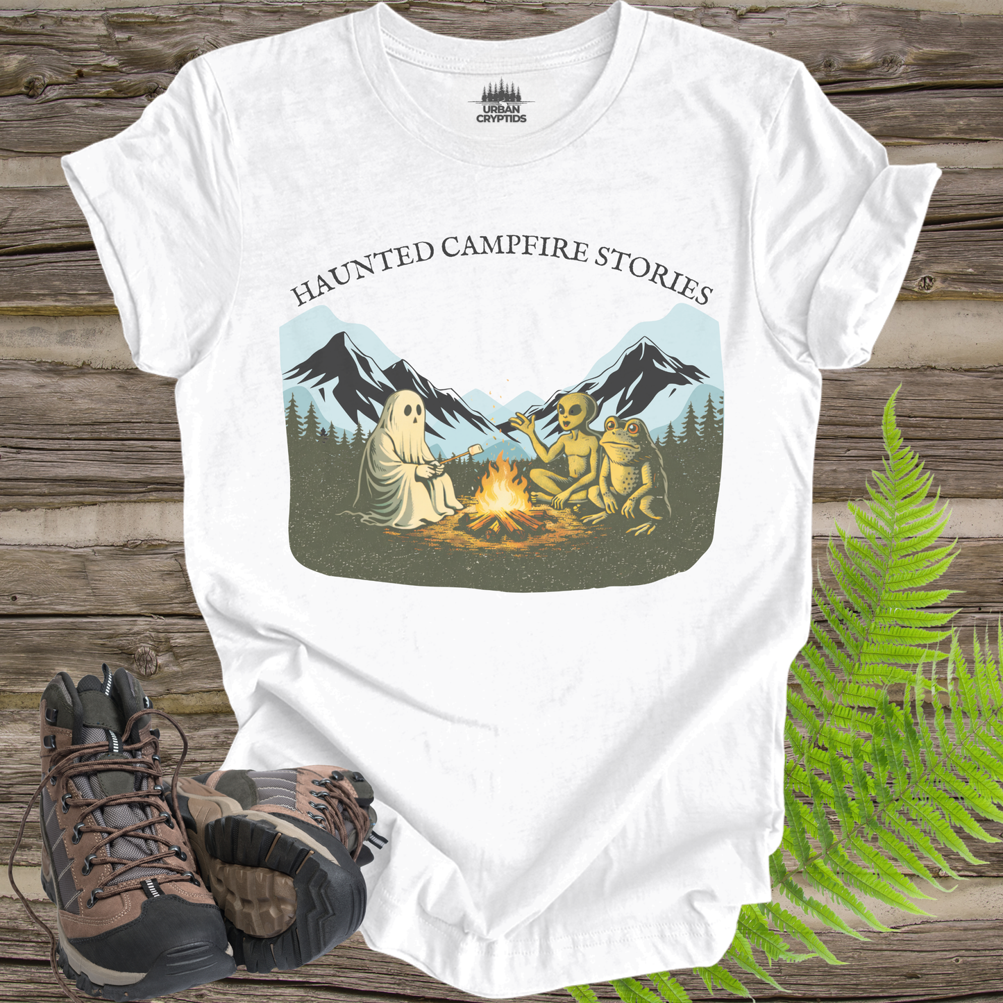 Haunted Campfire Stories T-Shirt – Ghost, Alien & Skeleton Bonfire Scene Tee