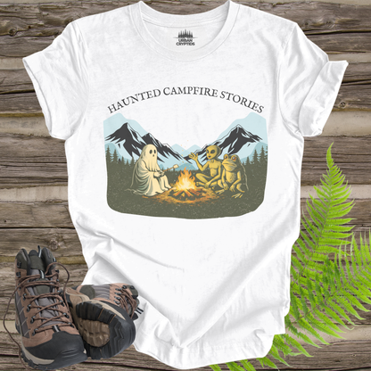 Haunted Campfire Stories T-Shirt – Ghost, Alien & Skeleton Bonfire Scene Tee
