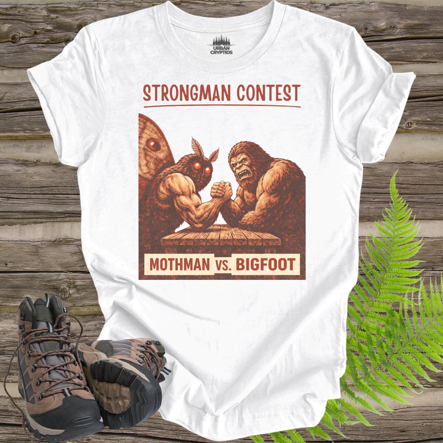 Mothman vs Bigfoot T-Shirt – Cryptid Strongman Arm Wrestling Contest Tee
