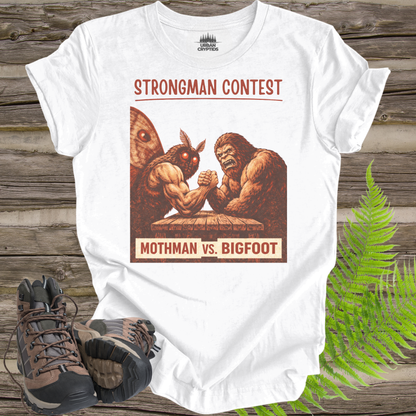 Mothman vs Bigfoot T-Shirt – Cryptid Strongman Arm Wrestling Contest Tee