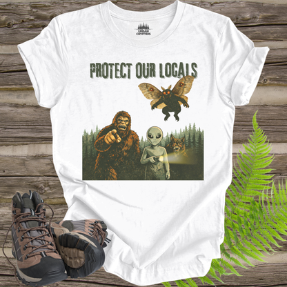 Protect Our Locals T-Shirt | Cryptid Conservation Graphic Tee | Bigfoot Mothman Alien Forest Shirt