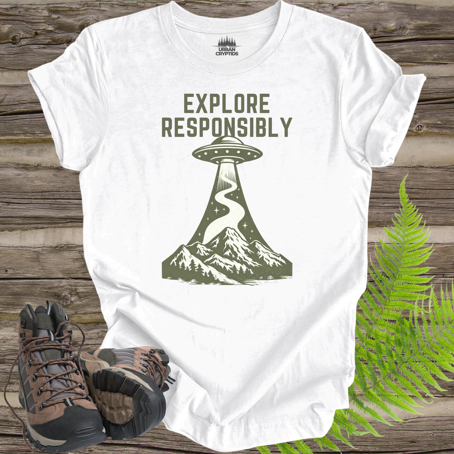 Explore Responsibly UFO T-Shirt | Mountain Abduction Graphic Tee | Retro Space Explorer Shirt