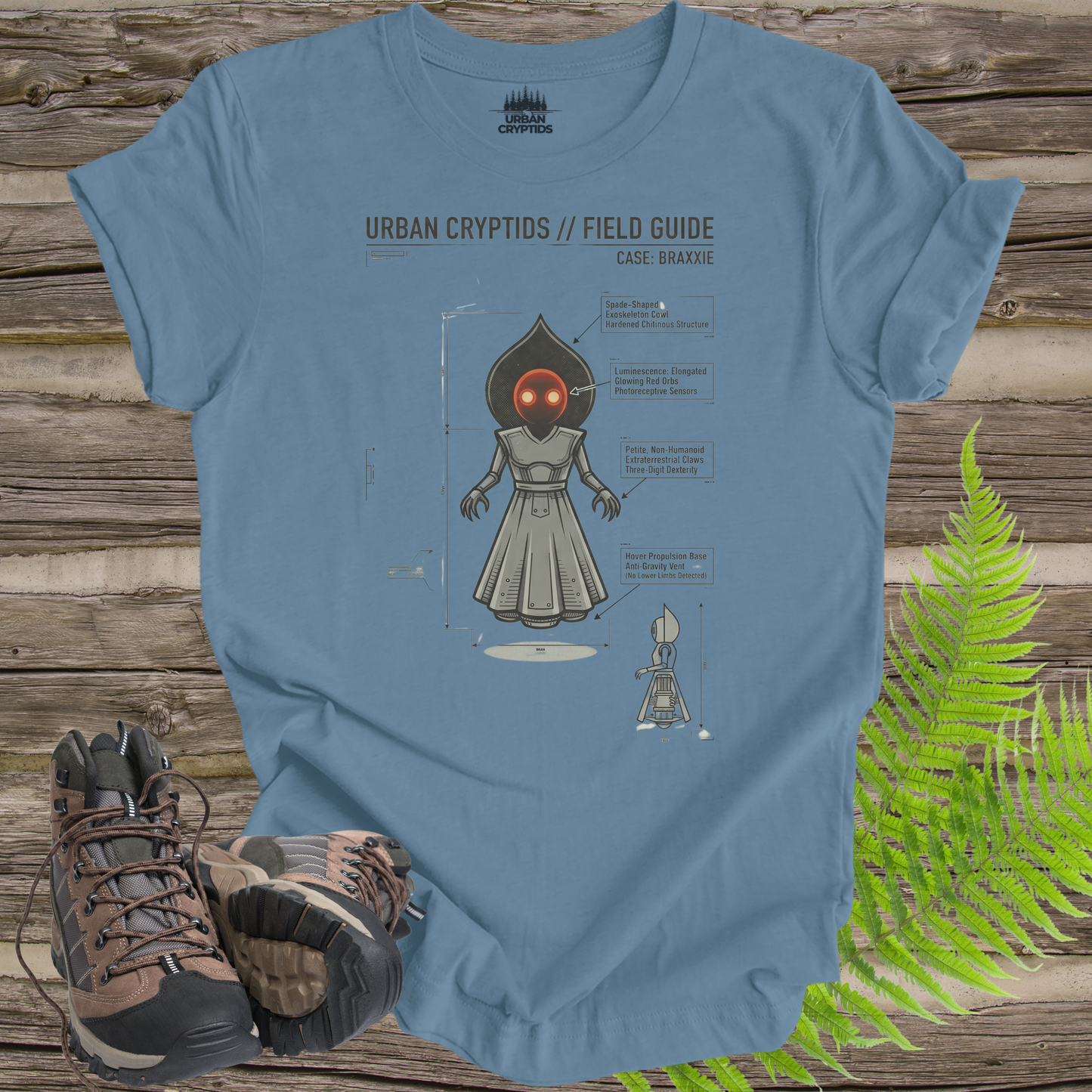 Urban Cryptids Field Guide: Braxxie | Flatwoods Monster Technical Diagram T-Shirt
