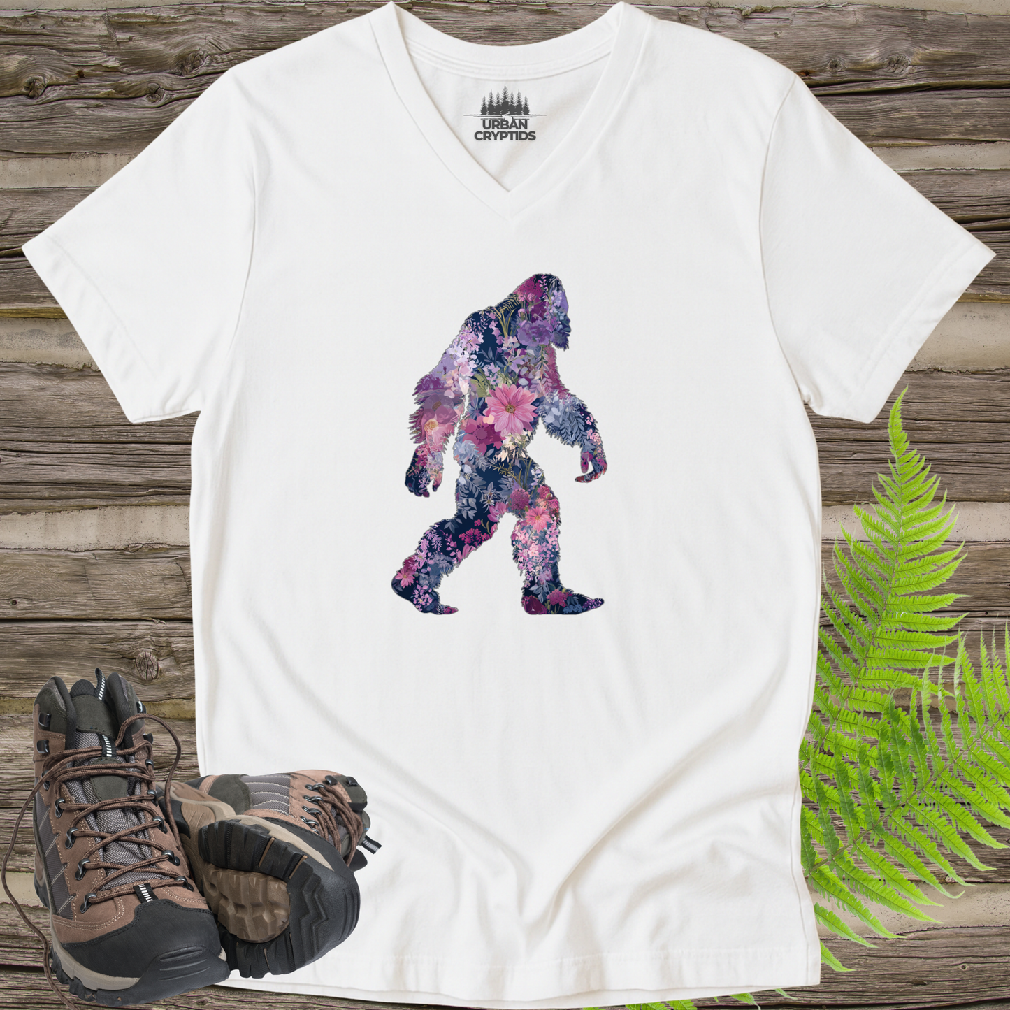 Floral Bigfoot V-Neck | Wildflower Sasquatch Silhouette Graphic Tee | Nature Lover Cryptid Shirt