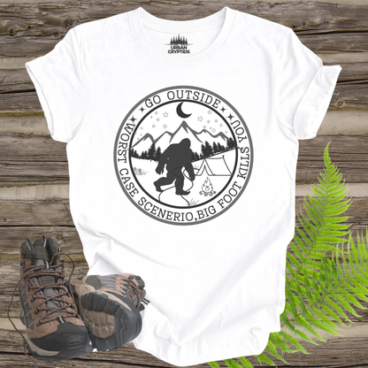 Funny Bigfoot Tee – “Go Outside, Worst Case Scenario Bigfoot Kills You” Shirt