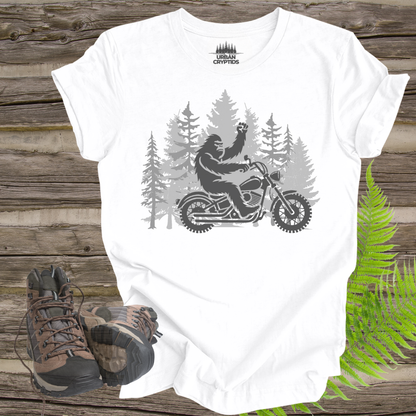 Bigfoot Biker Tee – Sasquatch Riding Motorcycle Forest Shirt